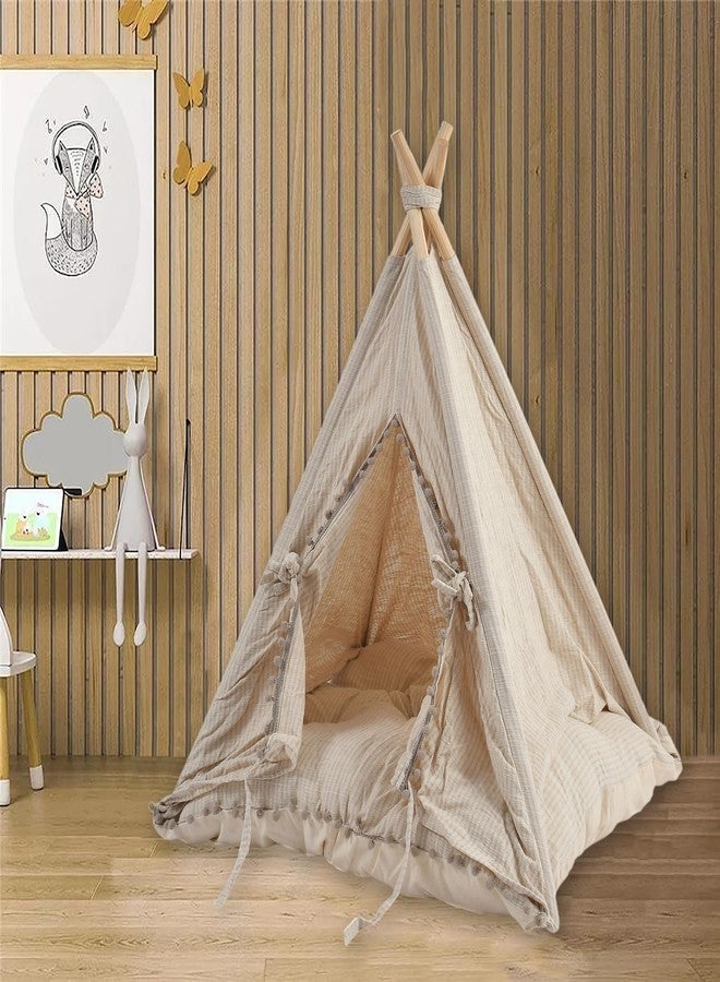 DECOVIA Dog & Cat Teepee Tent with Soft Cushion Bed - Cute Indoor Pet House for Small Dogs & Cats | Durable Wooden Frame & Breathable Cotton Fabric | (Size_28x28x31 Inches) (Beige) - Image 1